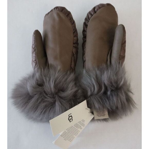 UGG 17413 Women Sz S/M Gray Genuine Leather Palm Quilted All Weather Mittens - Picture 2 of 5